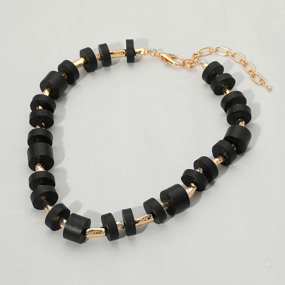 Wooden Stacked Disc Textured Metal Bar Beaded Statement Necklace