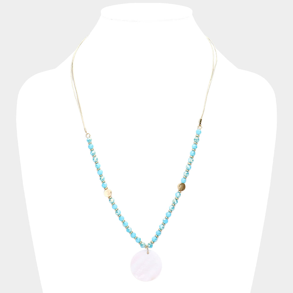 Mother of Pearl Pendant Faceted Beaded Adjustable Necklace