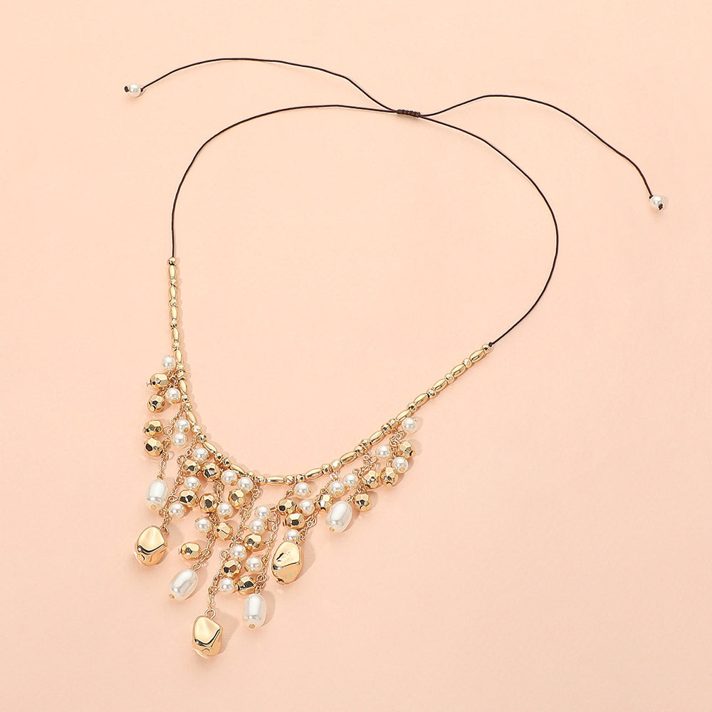 Pearl Metal Chain Drop Beaded Adjustable Cinch Pull Tie Necklace