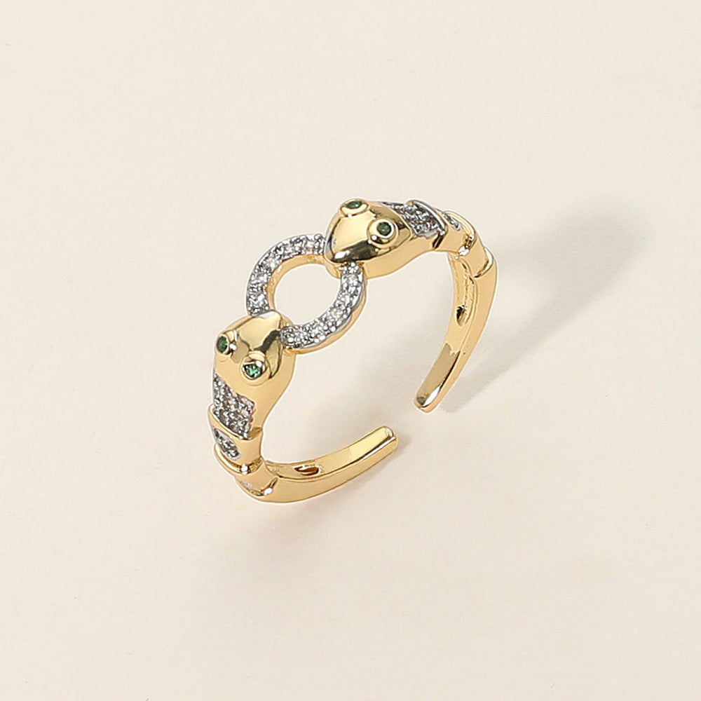 SECRET BOX_14K Gold Dipped Stone Paved Twin Snake Ring Accent Adjustable Ring