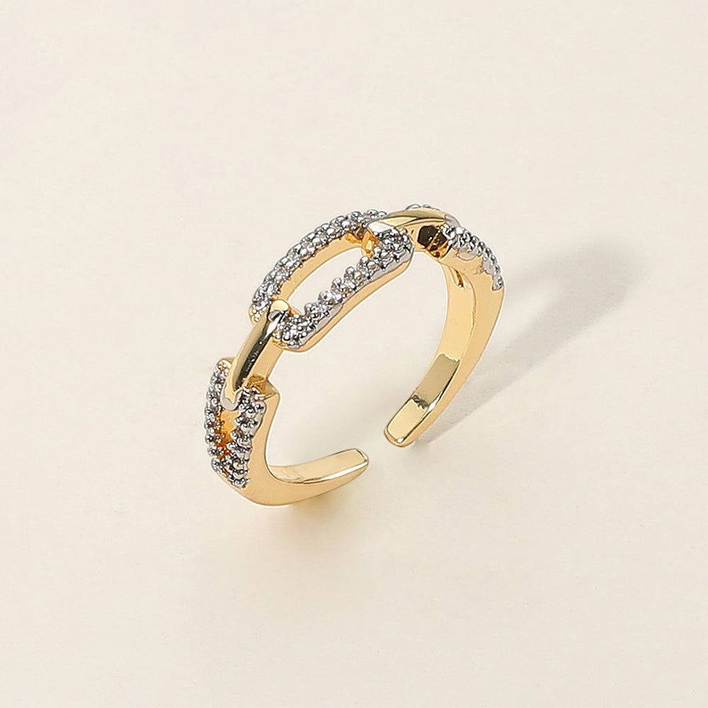 SECRET BOX_14K Gold Dipped Stone Paved Chain Link Adjustable Ring