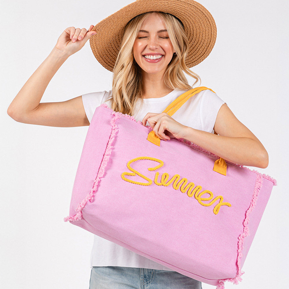 SUMMER Message Embroidered Fringe Canvas Tote Beach Bag