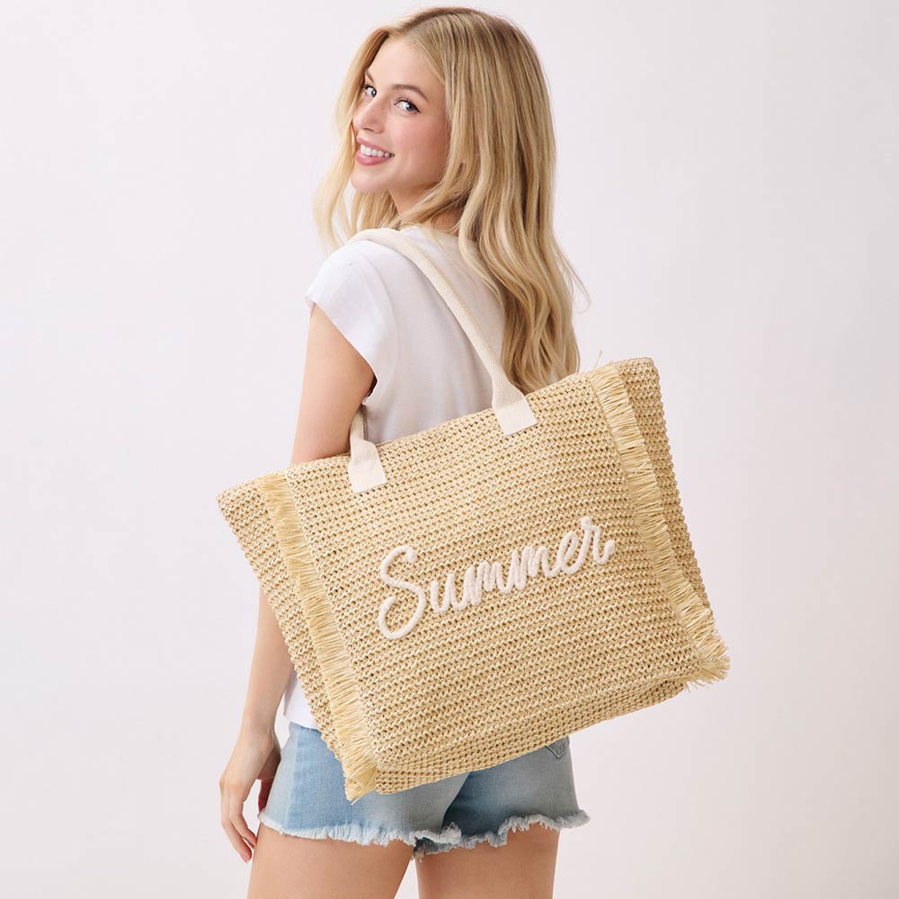 SUMMER Embroidery Woven Straw Fringe Tote Shoulder Bag