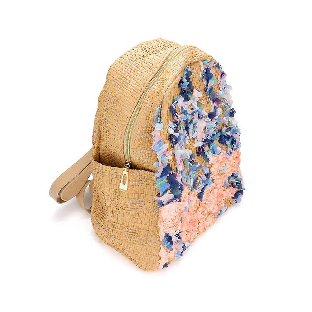 Fabric Flower Cluster Straw Backpack Bag
