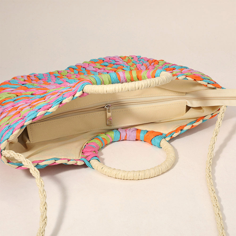 Bolso de paja natural tejido a mano con asa redonda y tejido multicolor