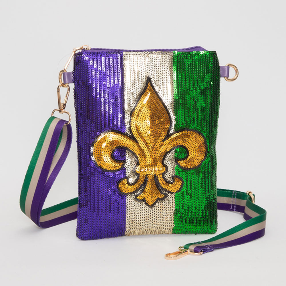 Women's Fleur de Lis Mardi Gras Sequin Crossbody Bag