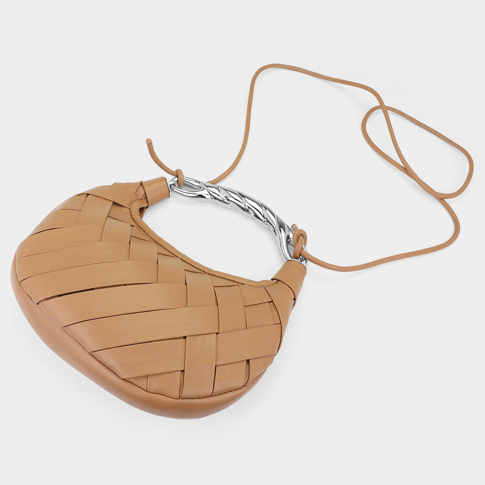 Faux Leather Braided Metal Top Handle Dumpling Handbag / Crossbody Bag