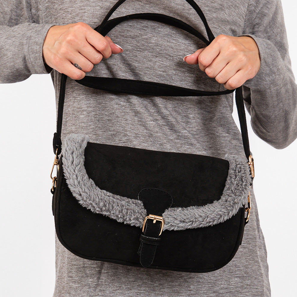 Fleece Trimmed Solid Crossbody Bag