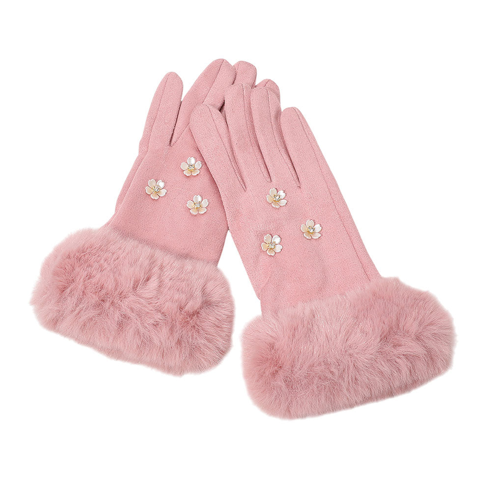 Rhinestone Flower Embellished Faux Fur Cuff Smart Touch Winter Gloves