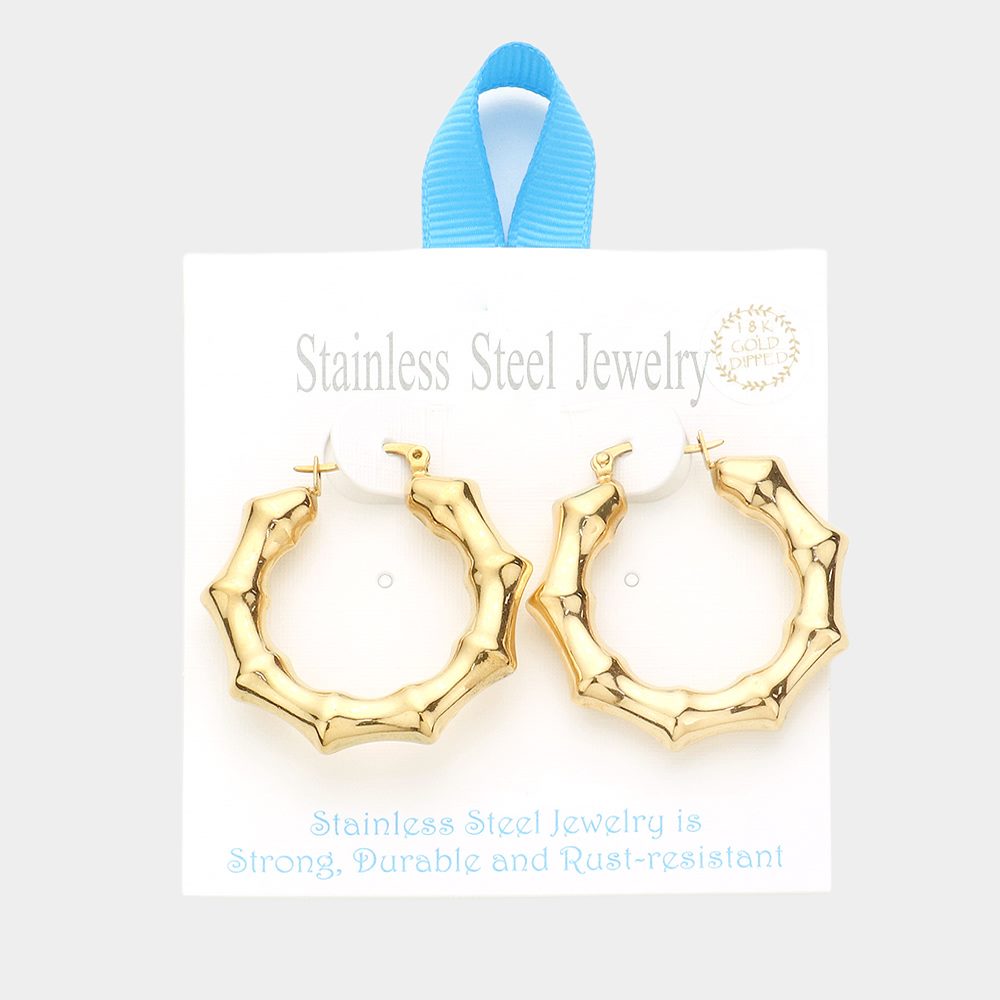 18K Gold Dipped Stainless Steel 1.5 Inch Metal Bamboo Hoop Earrings