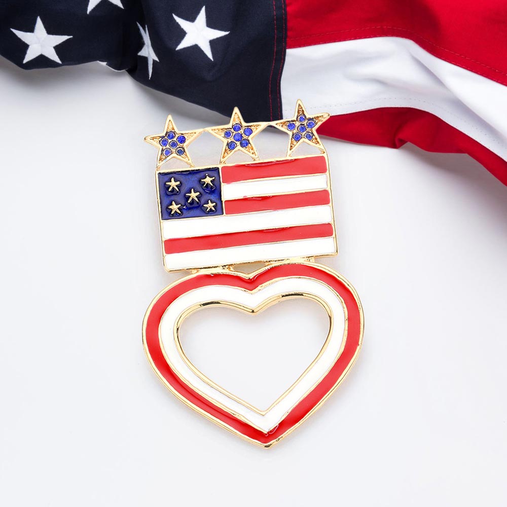 Enamel American USA Flag Open Heart Pin Brooch