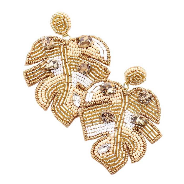 Felt Back Stone Embellished Seed Beaded Leaf Dangle Earring