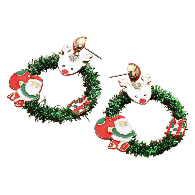 Enamel Reindeer Santa Tinsel Hoop Dangle Earrings