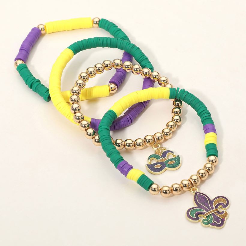 4PCS - Mardi Gras Fleur de Lis Eye Mask Charm Heishi Beaded Stretch Multi Layered Bracelets