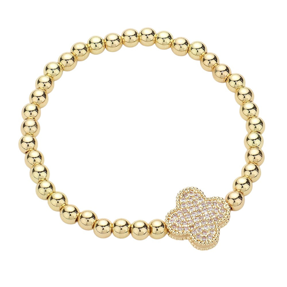 Stainless Steel Stone Paved Quatrefoil Charm Pointed Stretch Bracelet