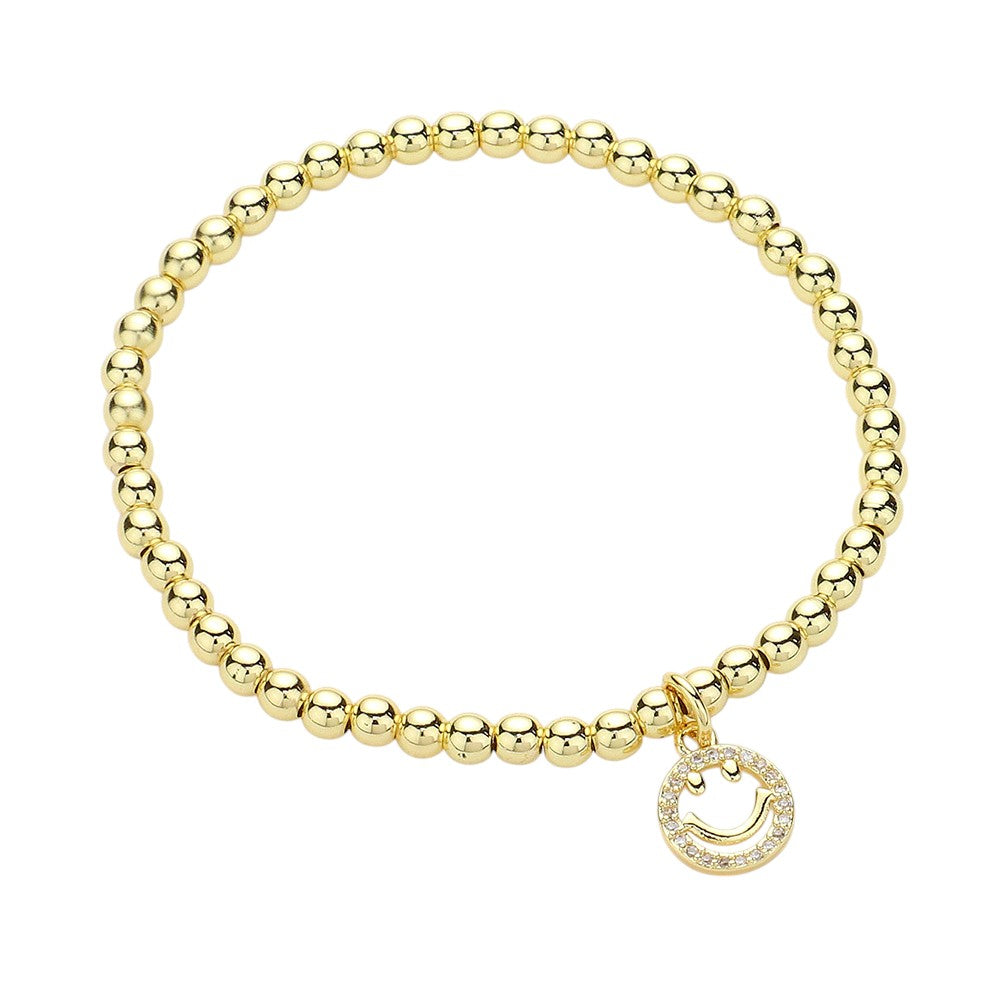 Stainless Steel Stone Paved Smile Emoji Charm Stretch Ball Bracelet