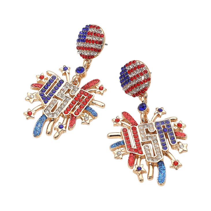 Women's Stone Paved American USA Flag Accent Enamel Message Firework Dangle Stud Earrings 4th of July