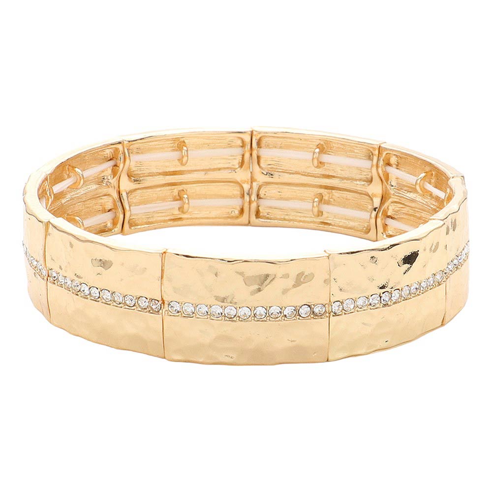 Stone Paved Line Center Pointed Hammered Metal Stretch Bracelet