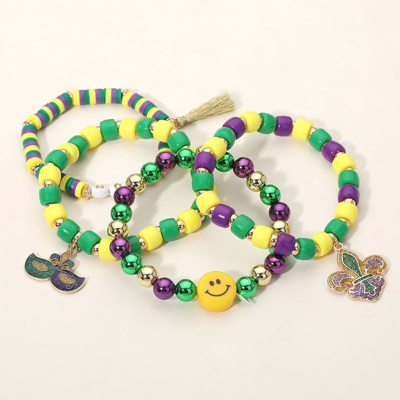 4PCS - Mardi Gras Eye Mask Fleur de Lis Charm Smile Beaded Stretch Multi Layered Bracelets