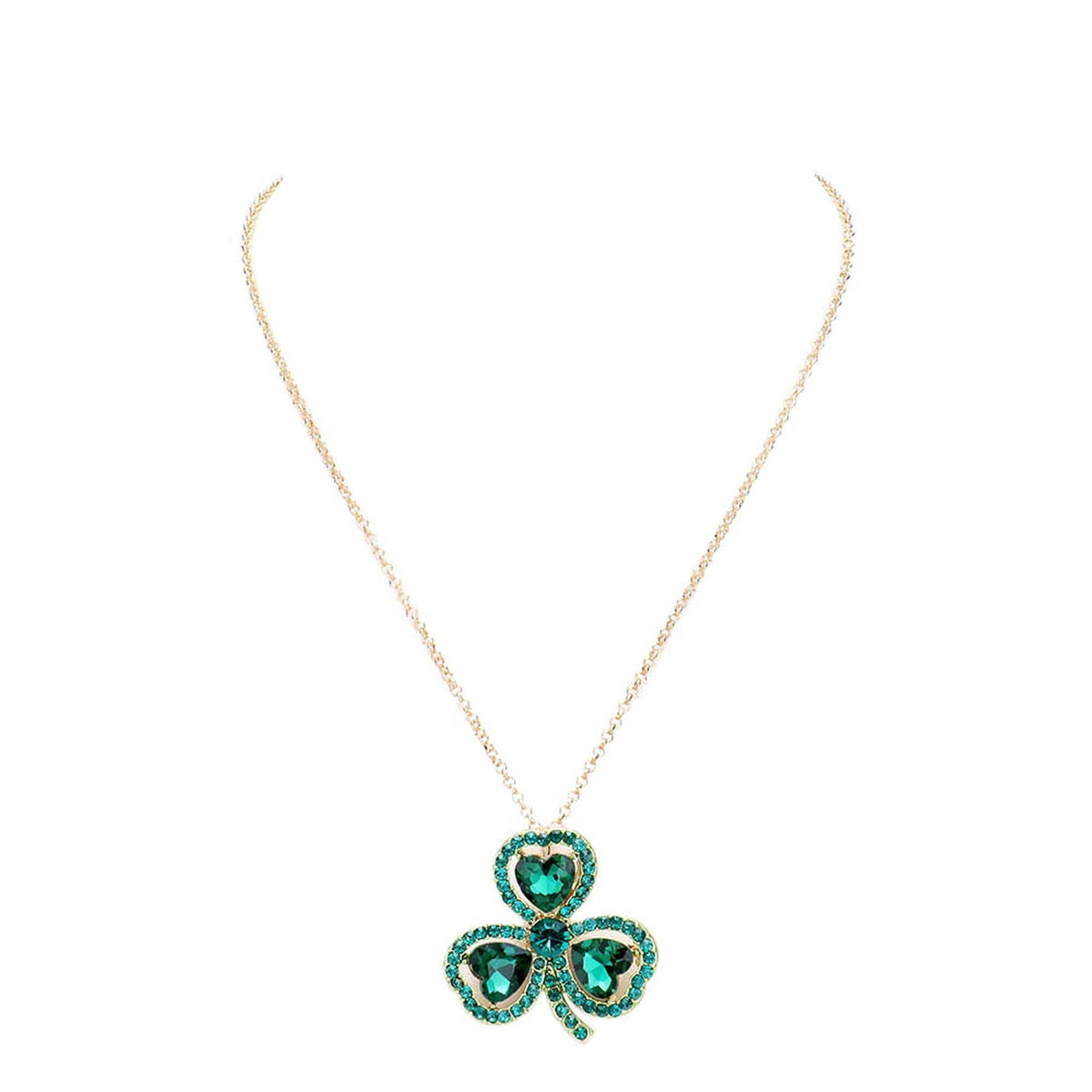 Women's Heart Crystal Rhinestone Clover Pendant Necklace St. Patrick's Day