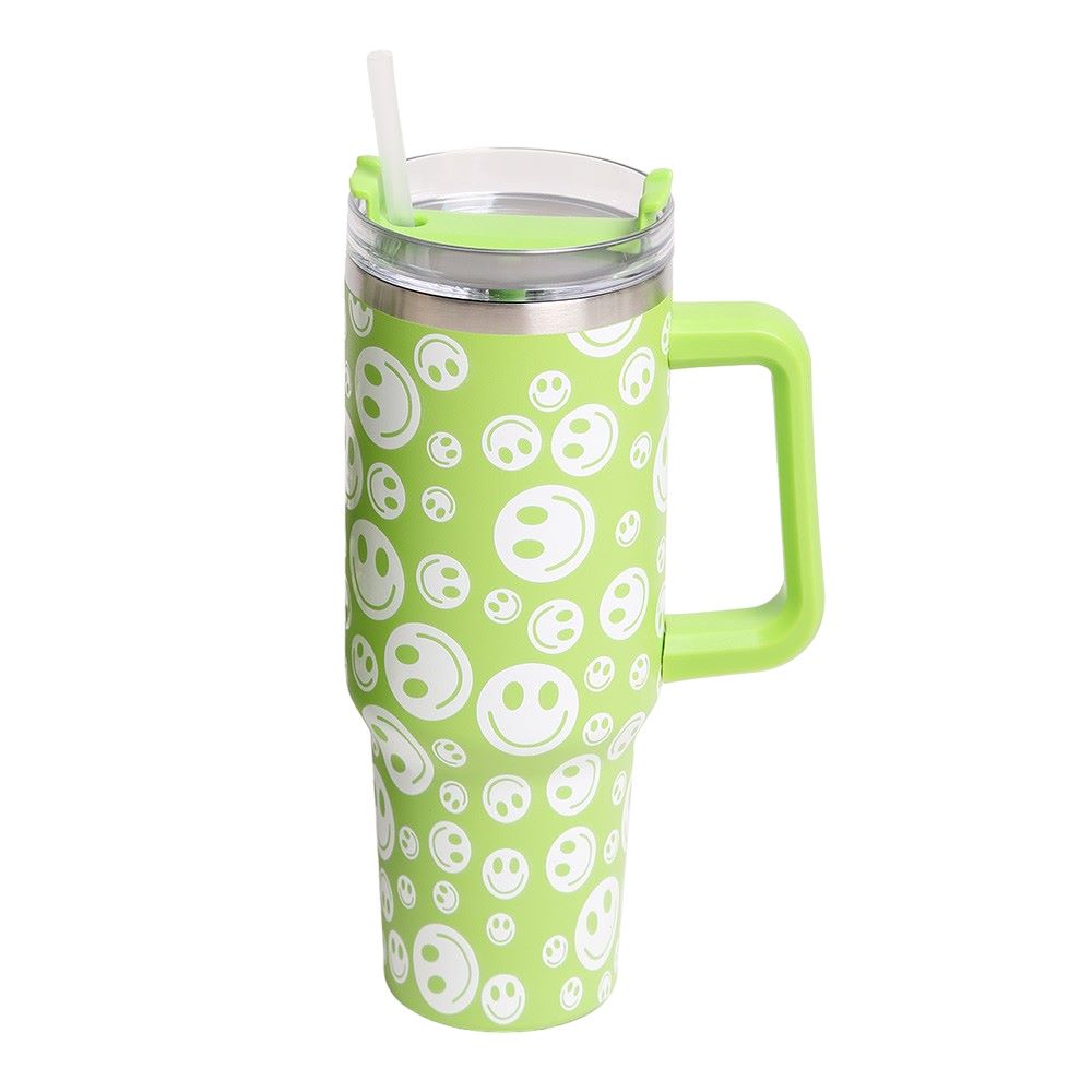 Happy Face Printed 40oz Stainless Steel Tumbler With Handle