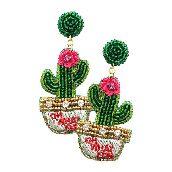 Oh What Fun Felt Back Beaded Cactus Dangle Earrings -DON"T POST