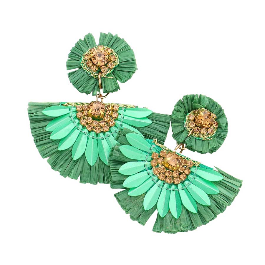 Stone Embellished Floral Raffia Link Dangle Earrings