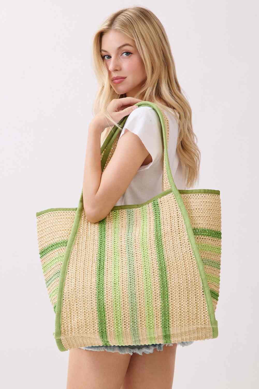 Multi Color Stripe Pattern Natural Straw Tote Bag
