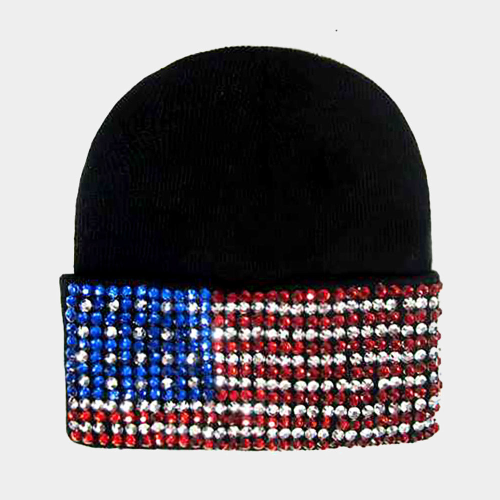 Women's Bling American USA Flag Beanie Hat 4th of July