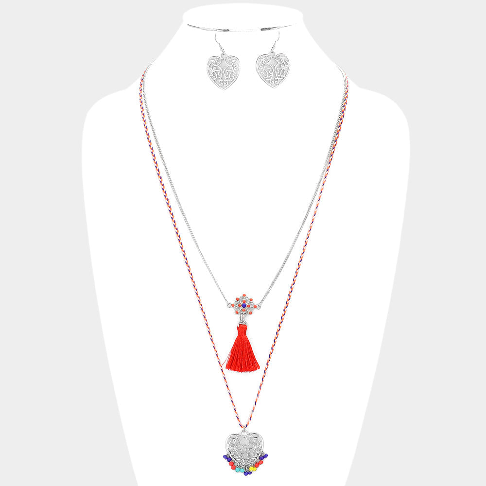 Heart Pendant Necklace With Tassel Set