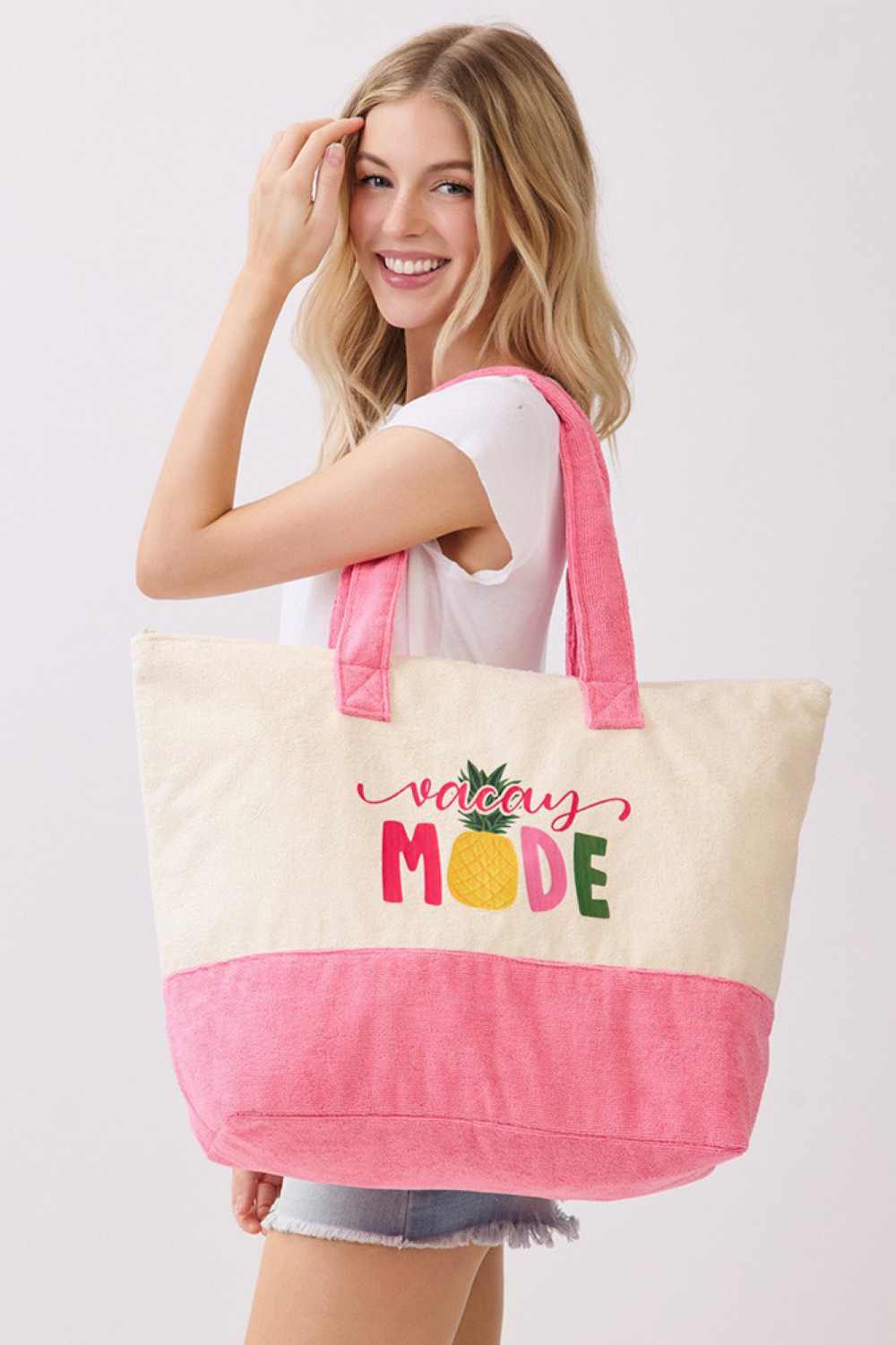 VACAY MODE Multi Color letter and Pineapple Terry Tote Bag
