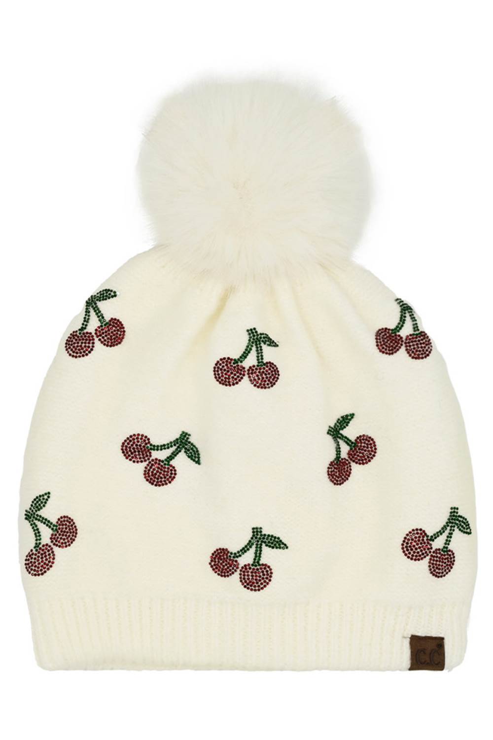 C.C Rhinestone Cherry Pattern Pom Beanie Hat