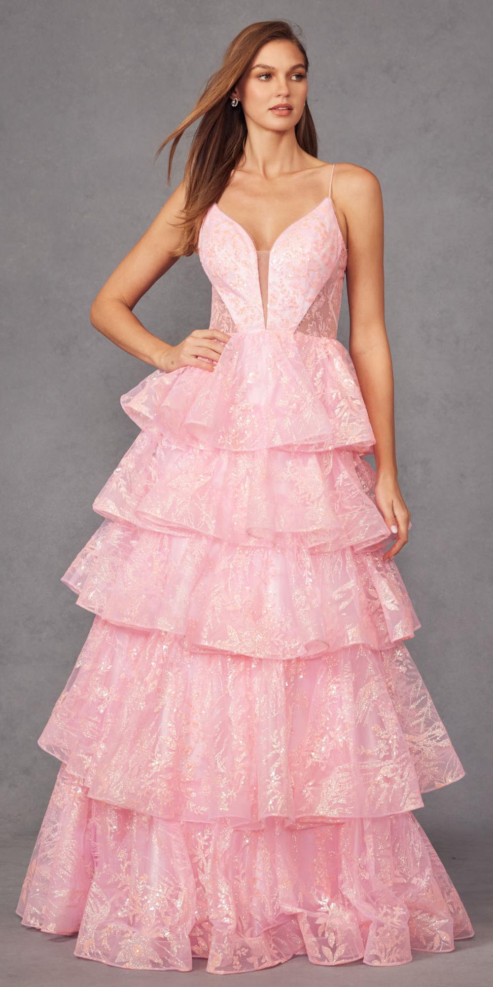 Vestido Largo de Noche A-Line en Capas con Estampado Brillante Juliet JT2438K