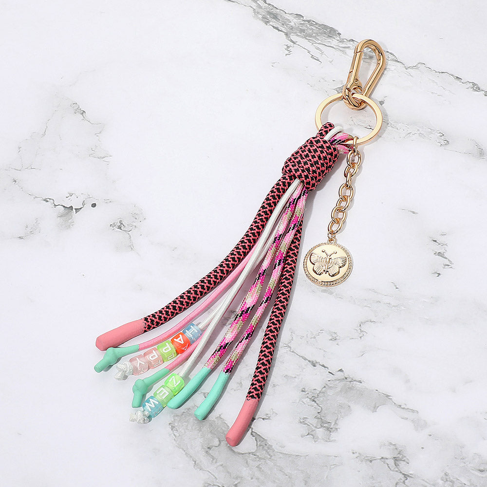Butterfly Embossed Coin Drop HAPPY ZEW Message Beaded Rope Tassel Keychain Bag Charm
