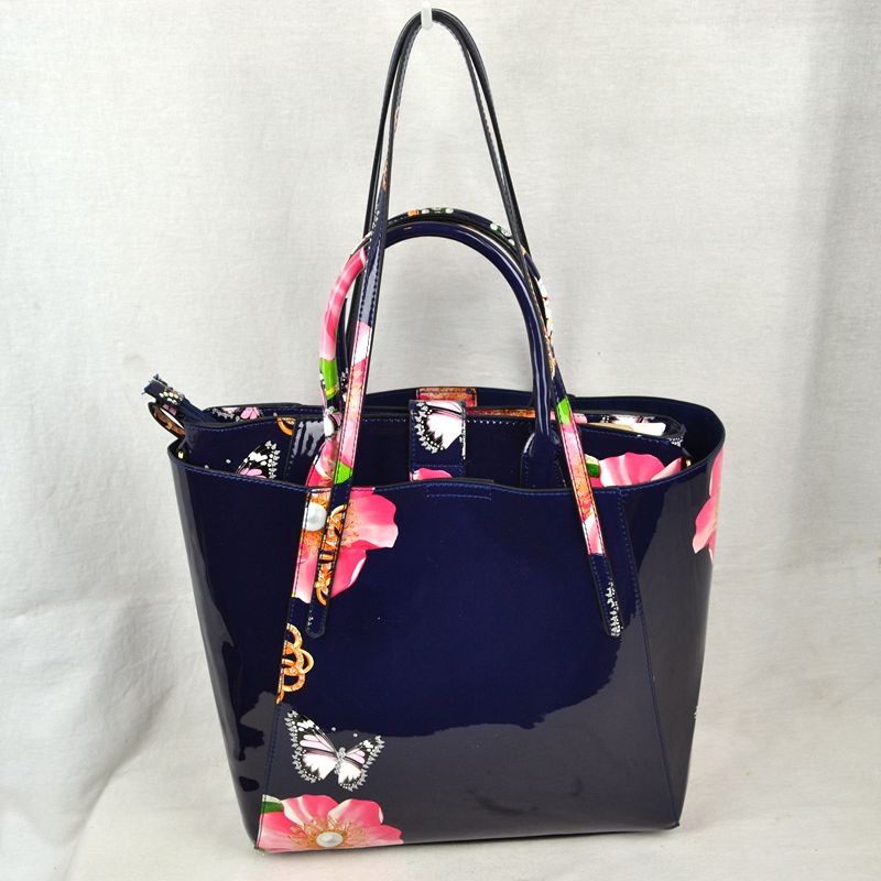 2-Piece Patent Floral Tote Bag and Matching Satchel Set