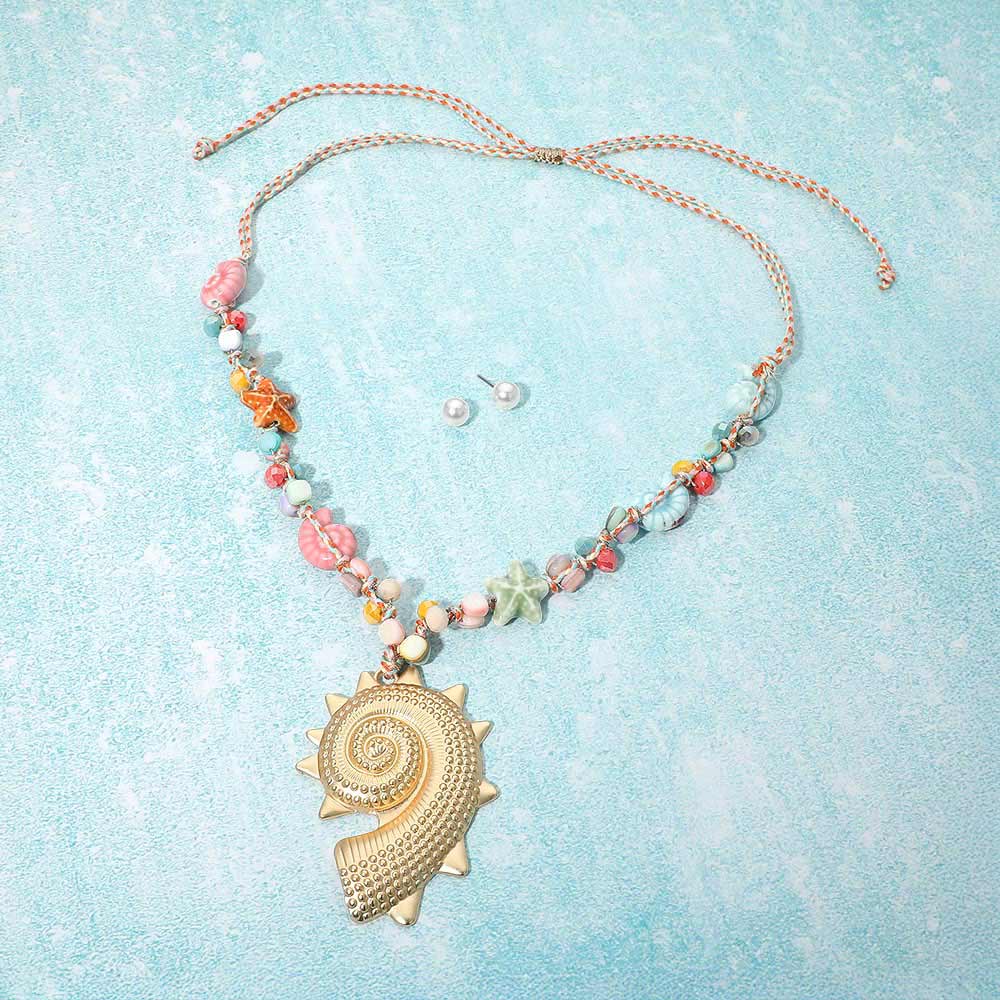 Spiral Shell Pendant Accent Coastal Beaded Adjustable Cinch Pull Tie Statement Long Necklace