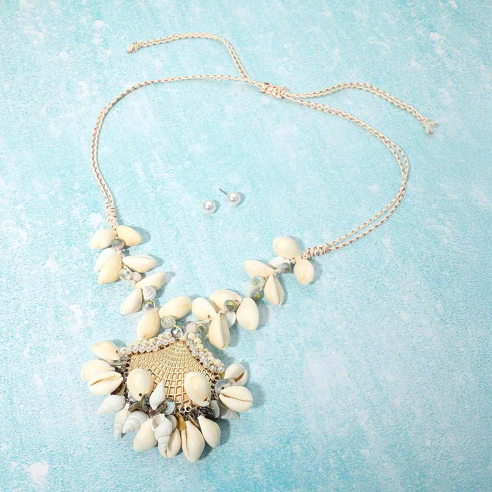 Shell Pendant Beaded Adjustable Cinch Pull Tie Statement Long Necklace
