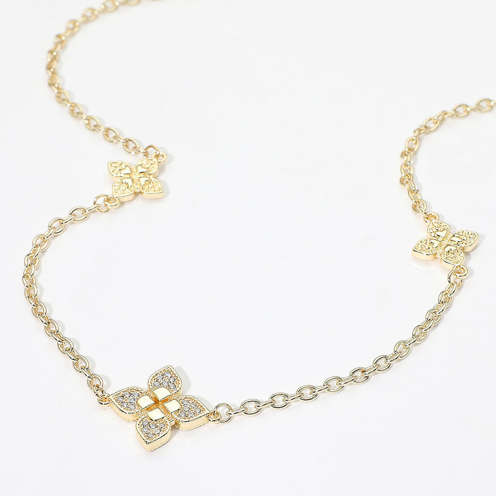 14K Gold Plated CZ Pave Floral Motif Station Long Necklace
