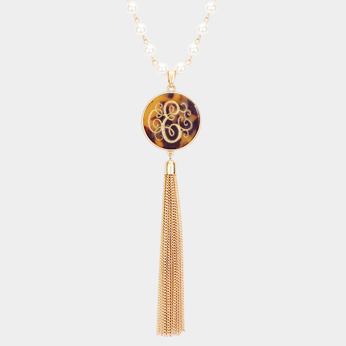 -E- Initial Monogram Pearl Metal Tassel Necklace