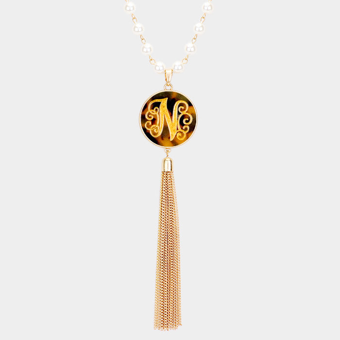 -N- Initial Monogram Pearl Metal Tassel Necklace