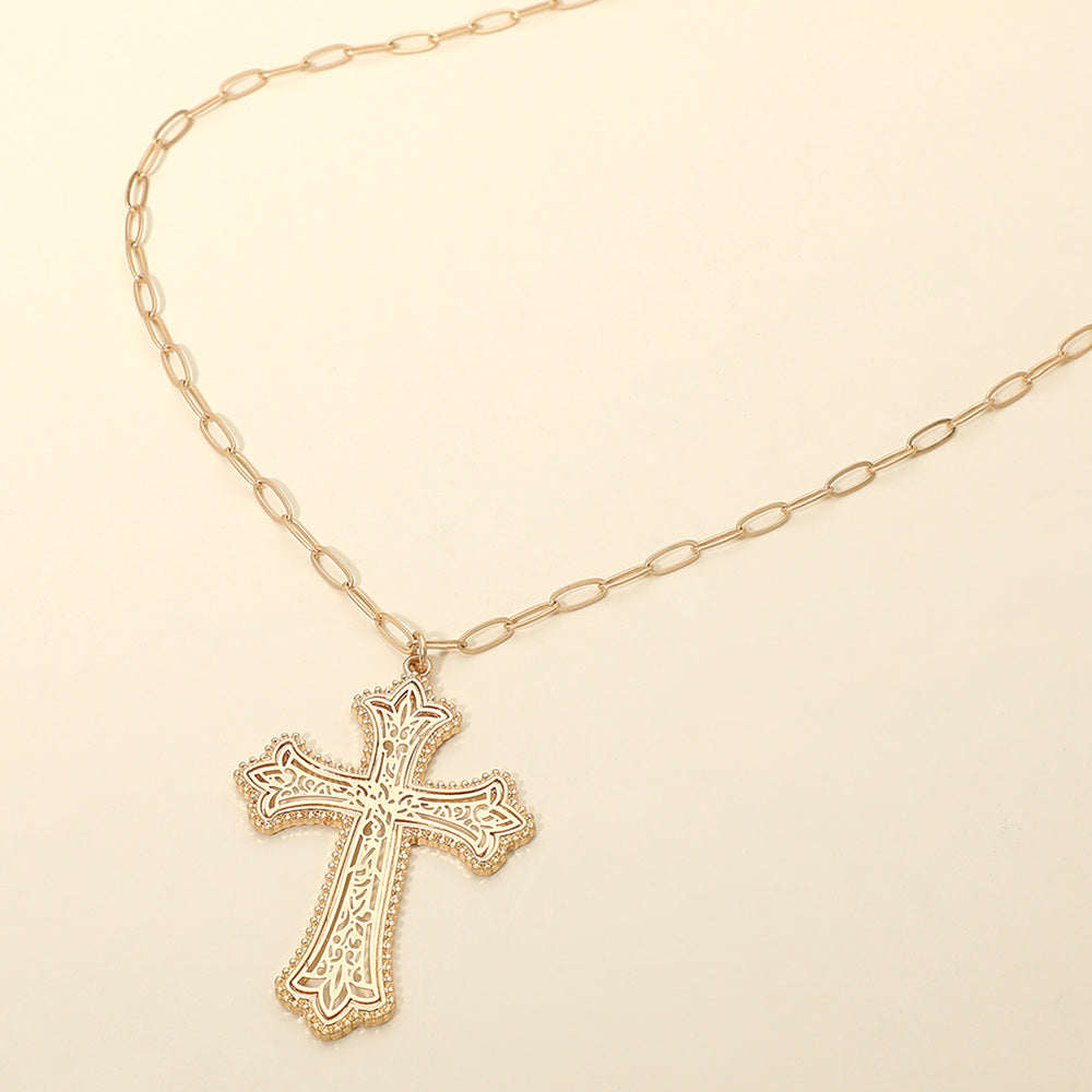 Metal Filigree Cross Pendant Long Necklace