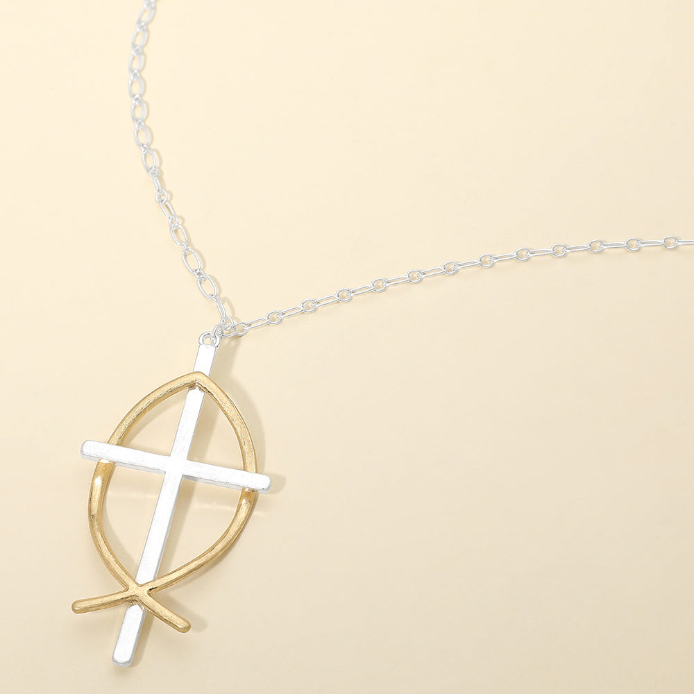Two Tone Metal Cross Fish Symbol Pendant Long Necklace