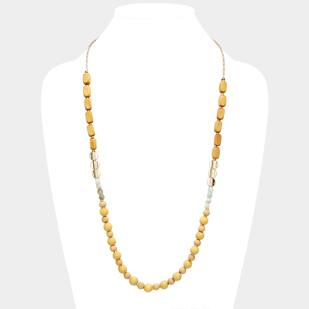 Natural Stone Wood Bead Long Necklace