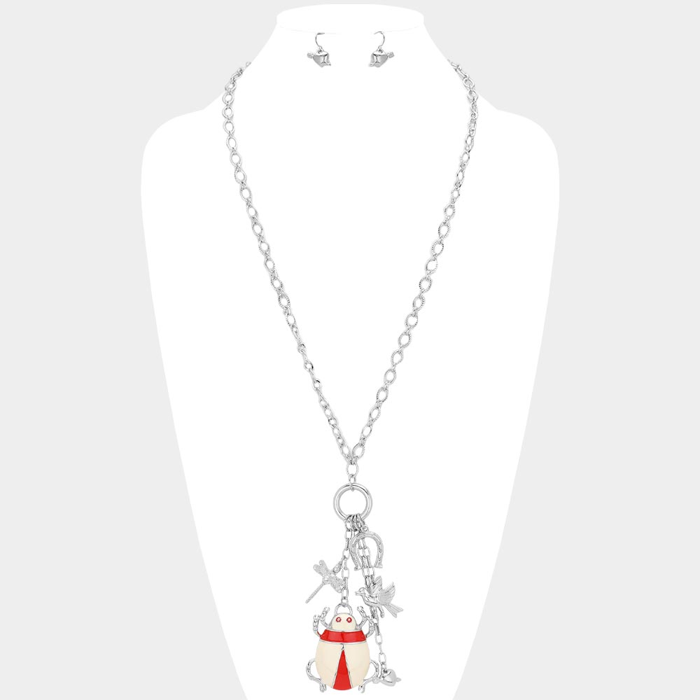 Enamel Ladybug Metal Bird Dragonfly Heart Horseshoe Pendant Long Necklace