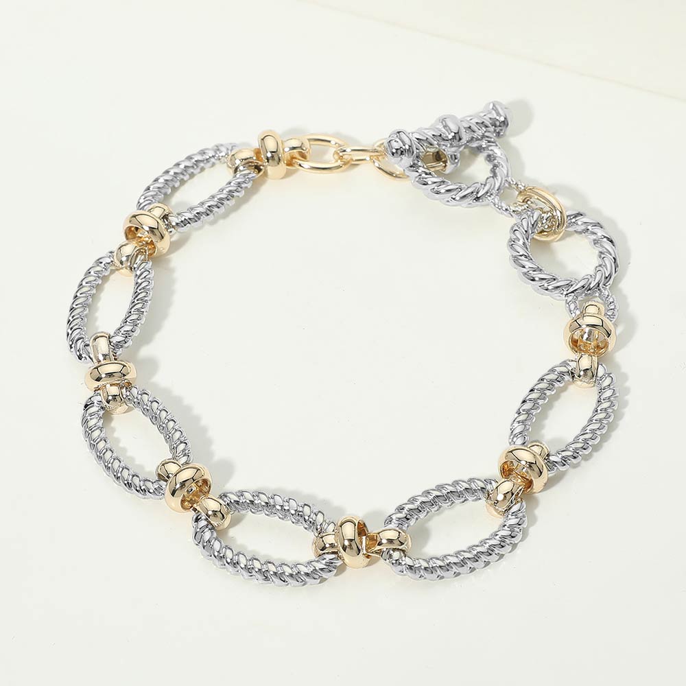 14K Gold Plated Two Tone Textured Oval Link Toggle Bracelet