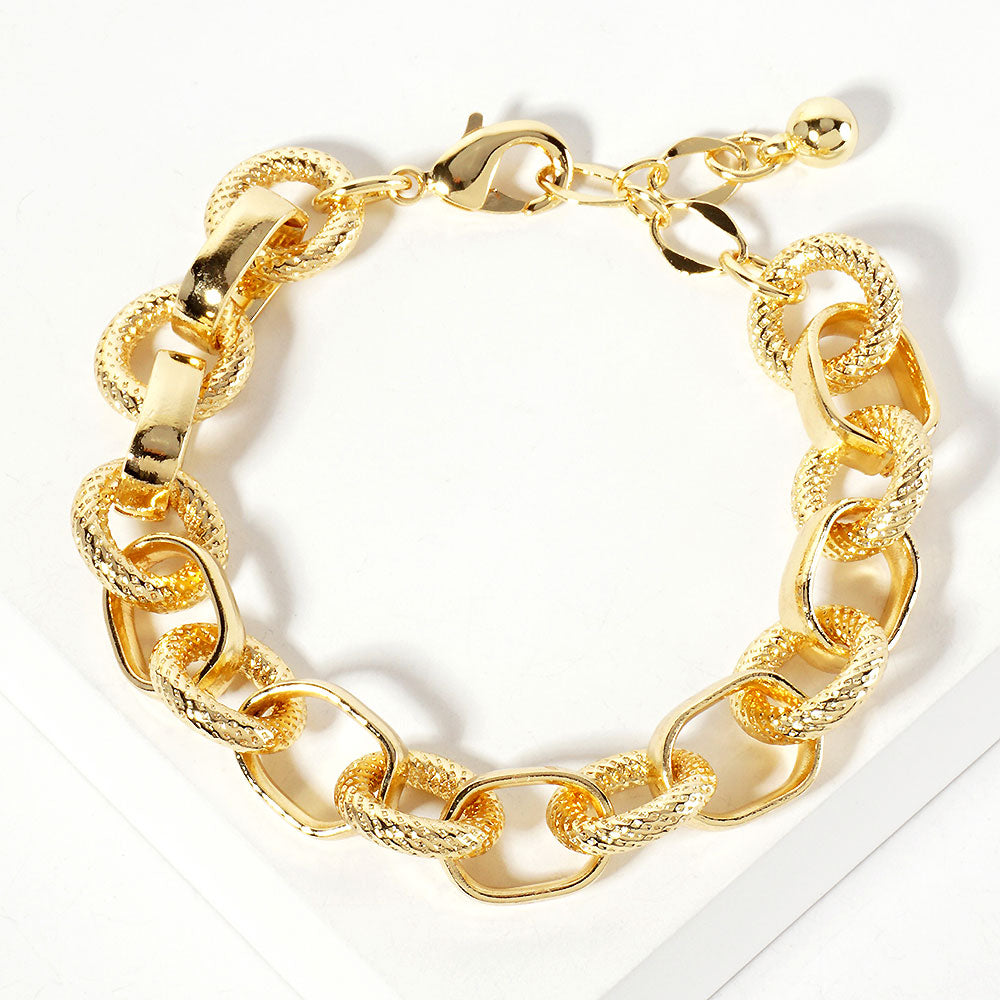 Gold Dipped Textured Ring Link Chunky Chain Bracelet