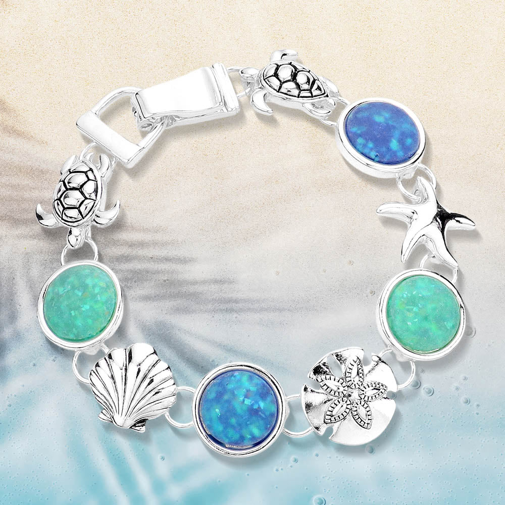 Women's Sea Glass Embossed Metal Life Magnetic Link Bracelet