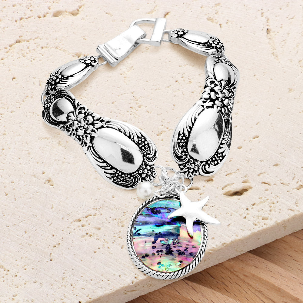 Abalone Starfish Pearl Charm Patterned Antique Silver Bracelet
