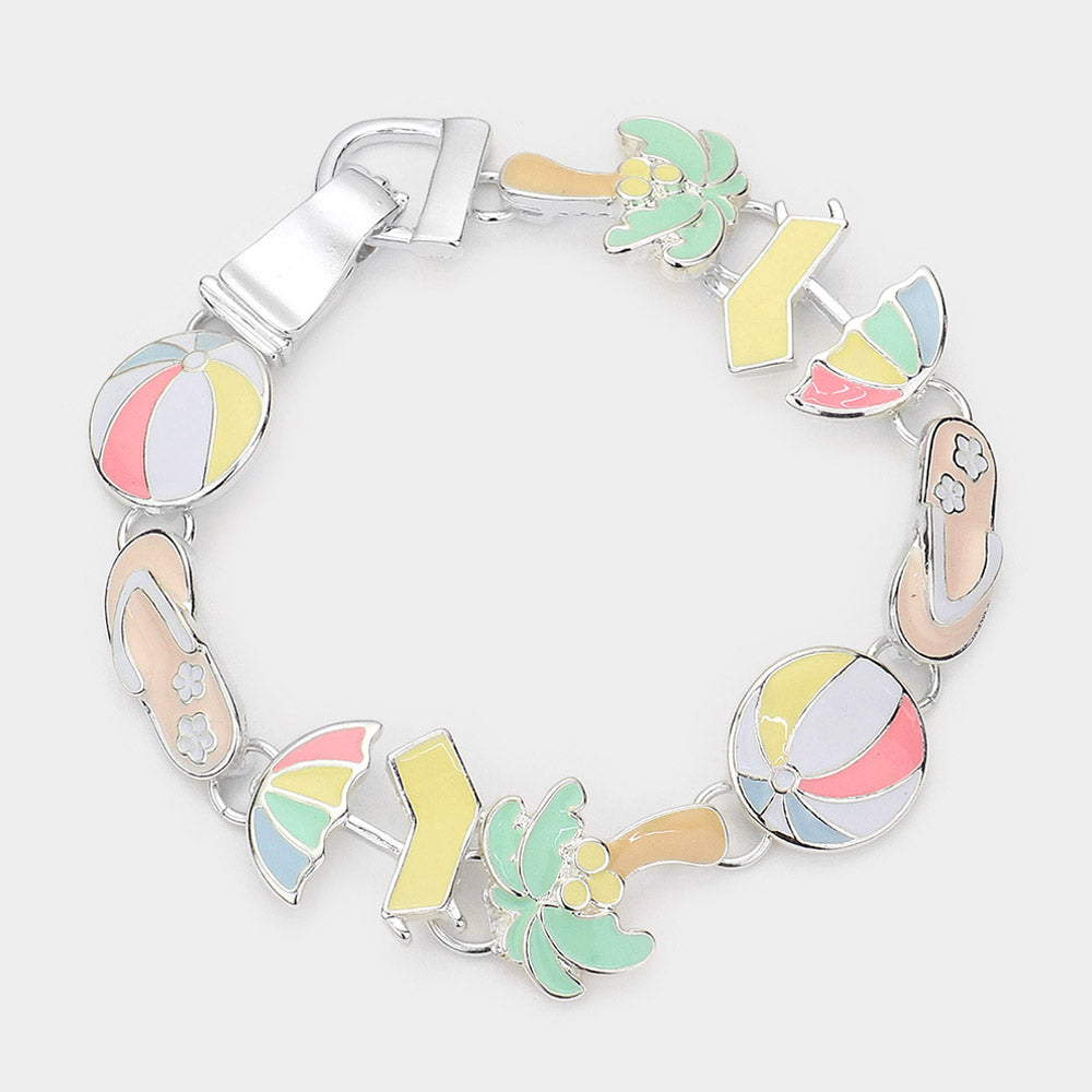 Enamel Vacation Theme Palm Tree Flipflop Beachball Link Magnetic Bracelet