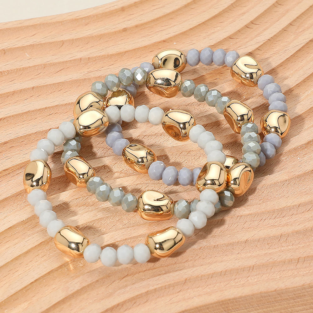 3PCS - Worn Metal Pebble Beaded Stretch Multi Layered Bracelets